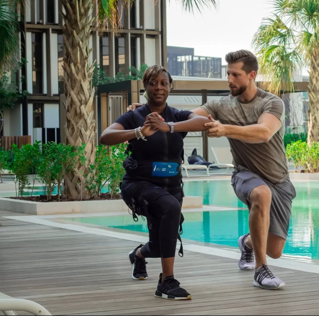 Lazar Personal Trainer with Client doing EMS in Blue Waters Area, Dubai