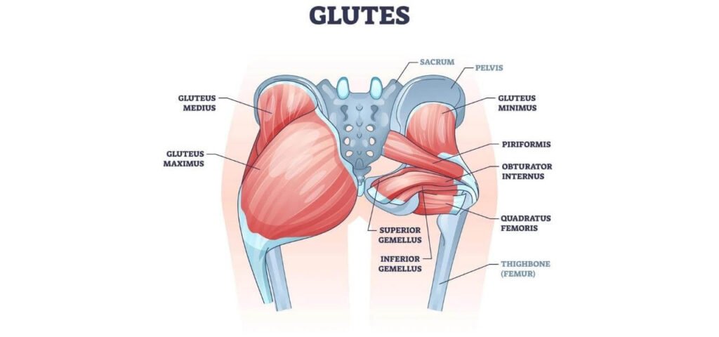 "Anatomical illustration of the three main gluteal muscles: Gluteus Minimus, Gluteus Medius, and Gluteus Maximus, labeled accordingly. Necessary knowledge for sculpting perfect glutes