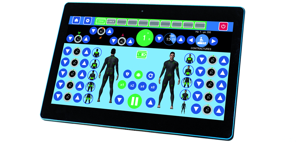 Digital tablet displaying a human silhouette with highlighted EMS points, offering insights into EMS muscle targeting.