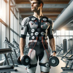 A man dressed up in EMS Training Suit, holding dumbbells
