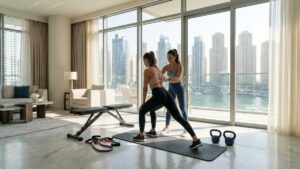 Home personal trainer in Dubai training client at building gym