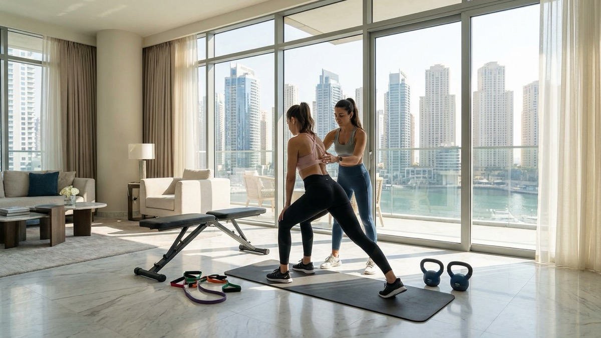 A personal trainer coaching a client at a building gym in Dubai