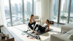 Home personal trainer in Dubai training client at building gym