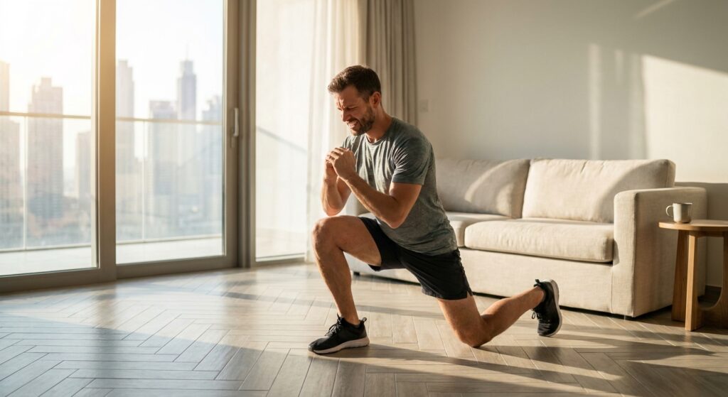 Man doing a home workout without equipment - split squat in a Dubai apartment living room
