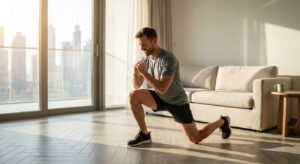 Man doing a home workout without equipment - split squat in a Dubai apartment living room