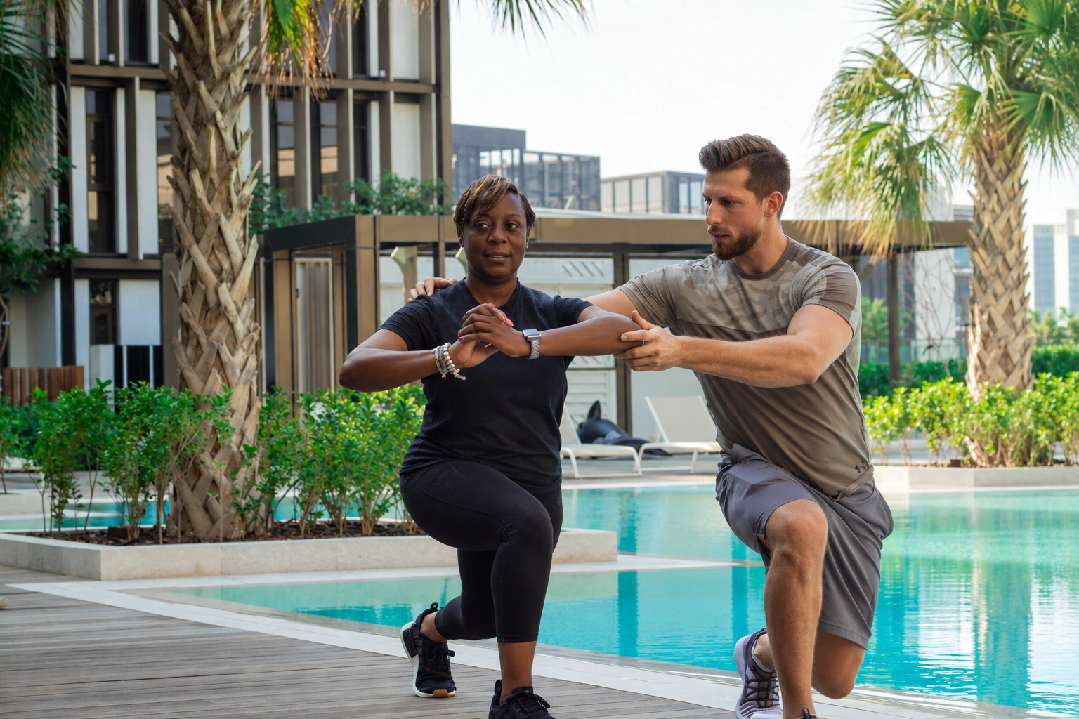 Personal trainer in Dubai coaching a client through a lunge by the pool
